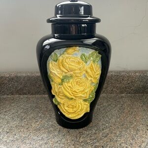 Elegant Black Ginger Jar with Yellow Rose Design